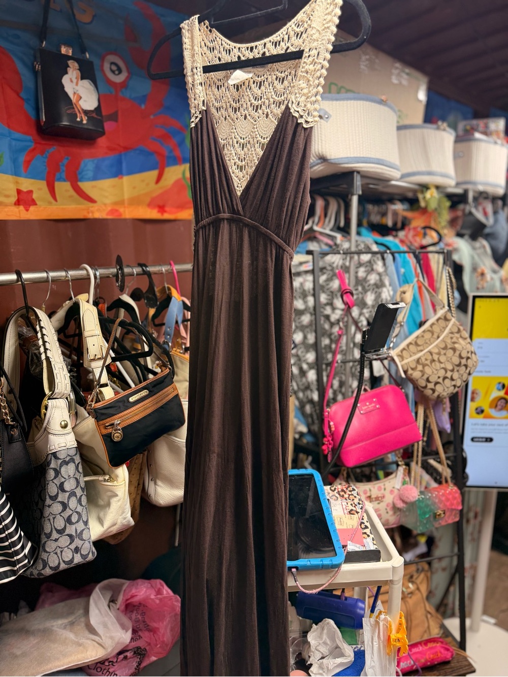 Necessary Objects Brown Maxi Dress with Cream Crochet Yoke